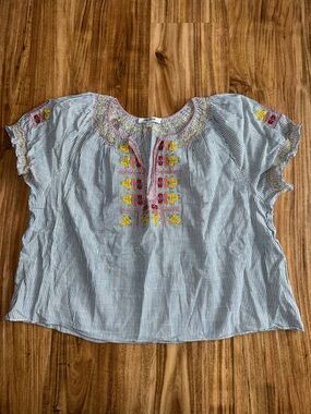 Madewell Striped Embroidered Cropped Peasant Top - Blue size L